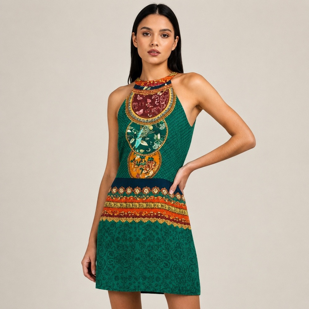 Farm Rio Halter Mini Dress Womens S/M* Green Tropical Medallion Viscose Cocktail